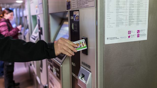 A fare vending machine in an MBTA station